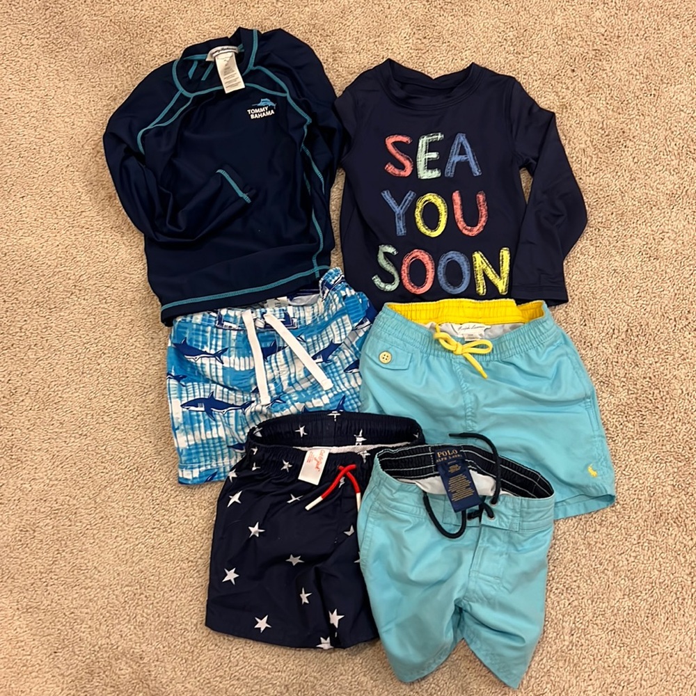 2T - 4 pairs of swim trunks & 2 rash guards